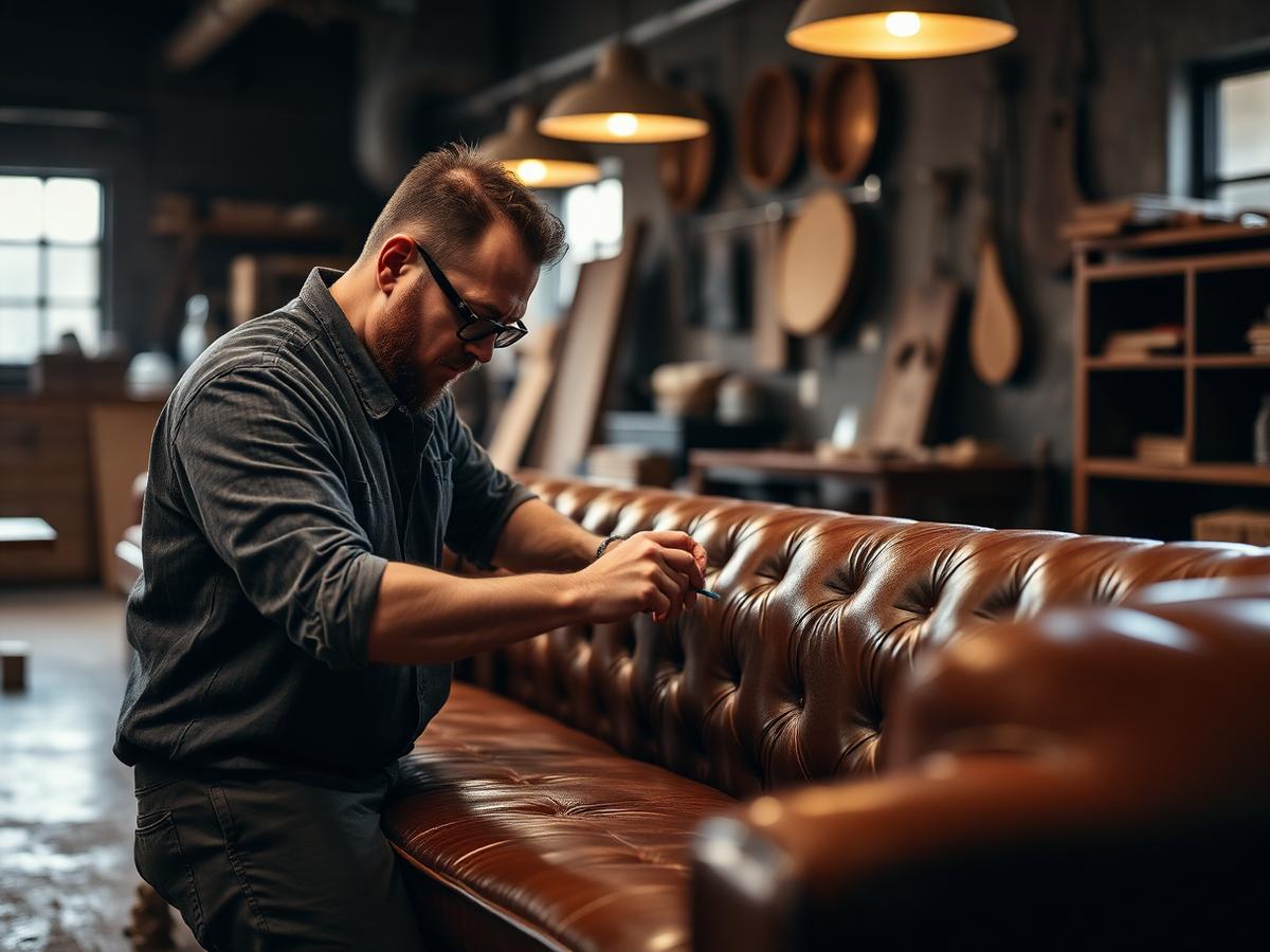 Skilled craftsman detailing luxury sofa